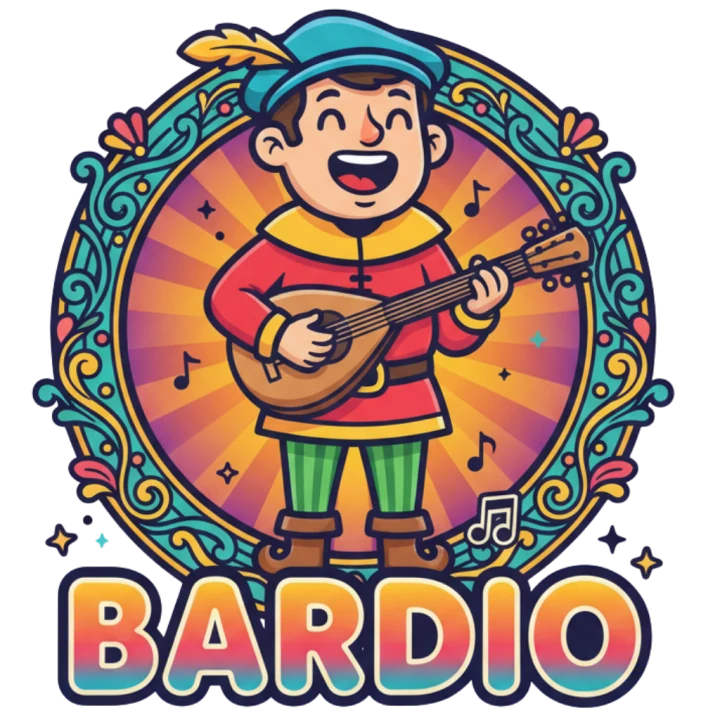 Ilustrace barda s kytarou a nápisem Bardio.